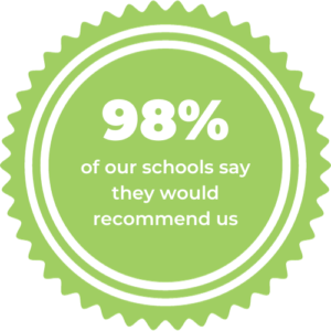 Seal with quote that 98% of schools recommend My Hot Lunch Box